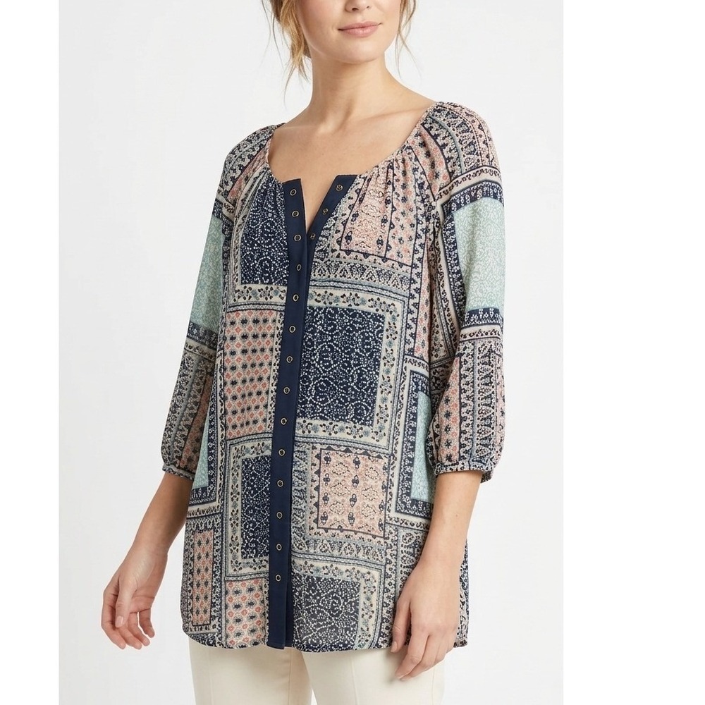 Halo Bohemian Patchwork Print Button Front Tunic Top 3/4 Sleeve Women's